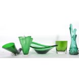 A  collection of 5 pieces of original retro / vintage green art glass vases etc all of varying sizes