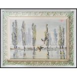 A mid century oil on board painting study of ' Mallards flying through Poplars trees Framed and