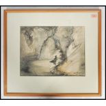 A mid century pen and ink abstract drawing / painting of mountains and a lake scene being signed