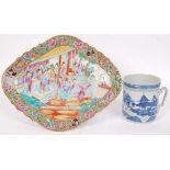 An antique 19th century Chinese Cantonese famille rose hand painted diamond shaped dish, featuring a