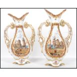 A pair of 19th century Dresden twin handled ceramic vases having a white ground with painted
