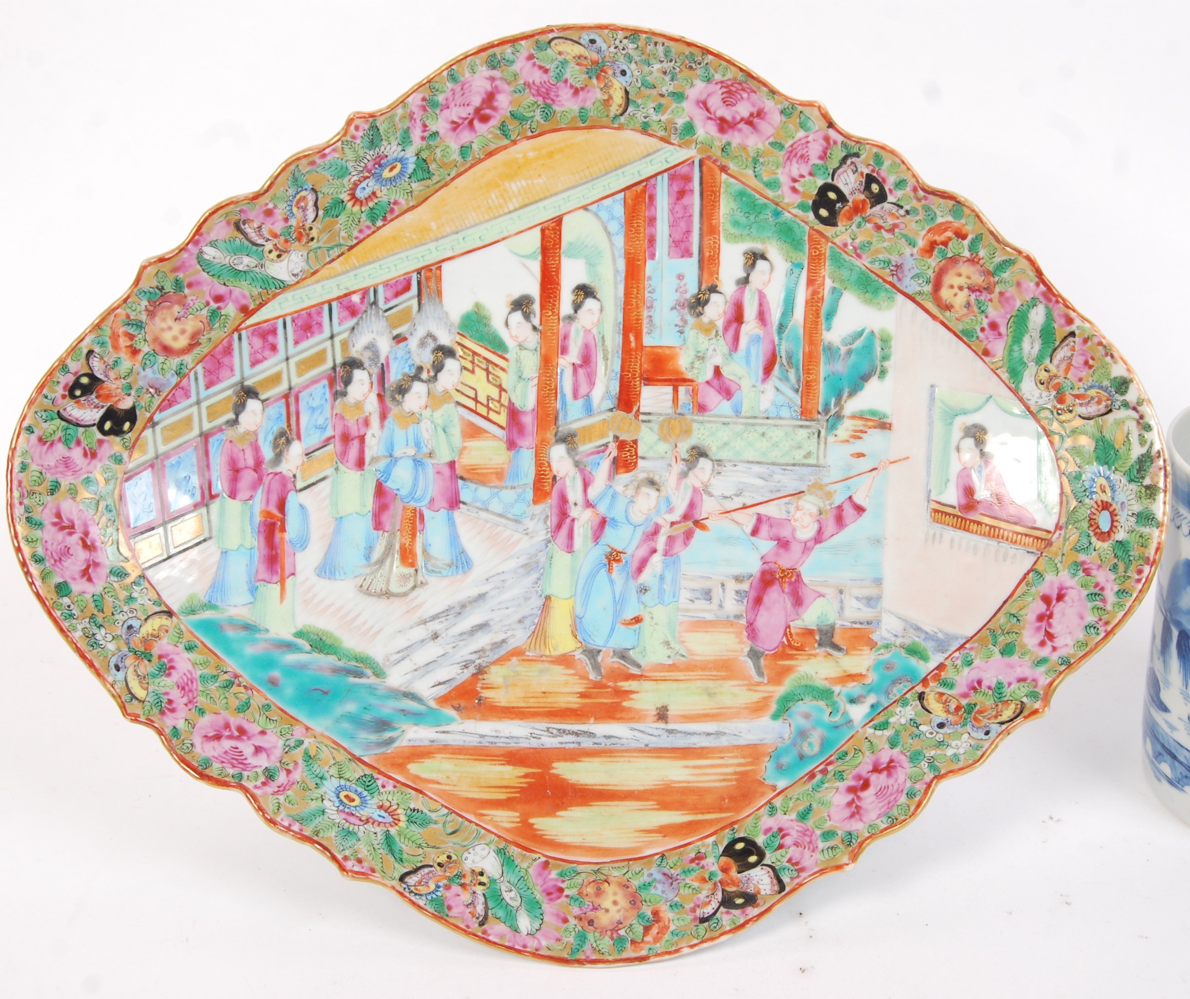 An antique 19th century Chinese Cantonese famille rose hand painted diamond shaped dish, featuring a - Image 2 of 12