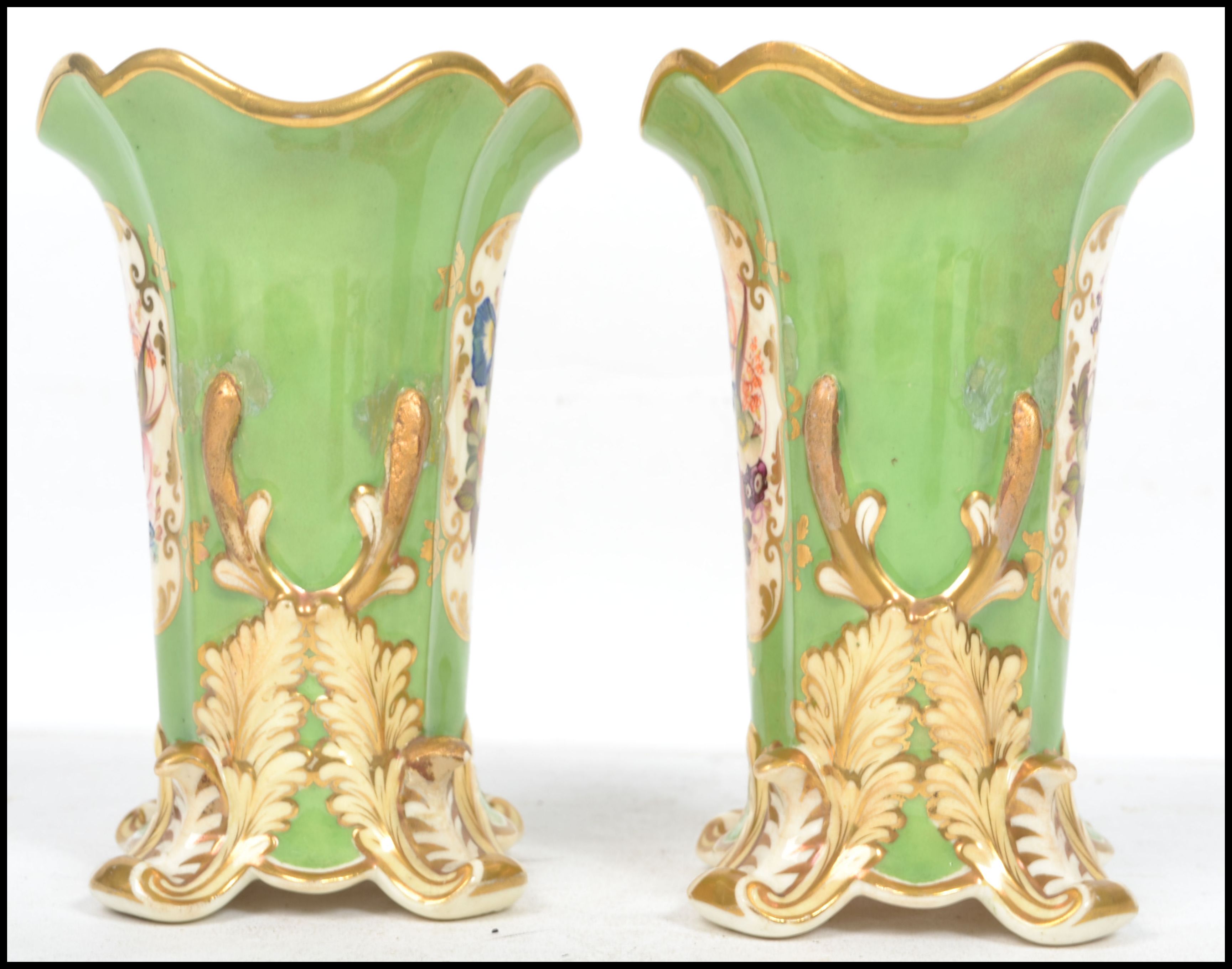 A pair of 19th century English factory vases having a green ground with white cartouche panels - Image 4 of 6