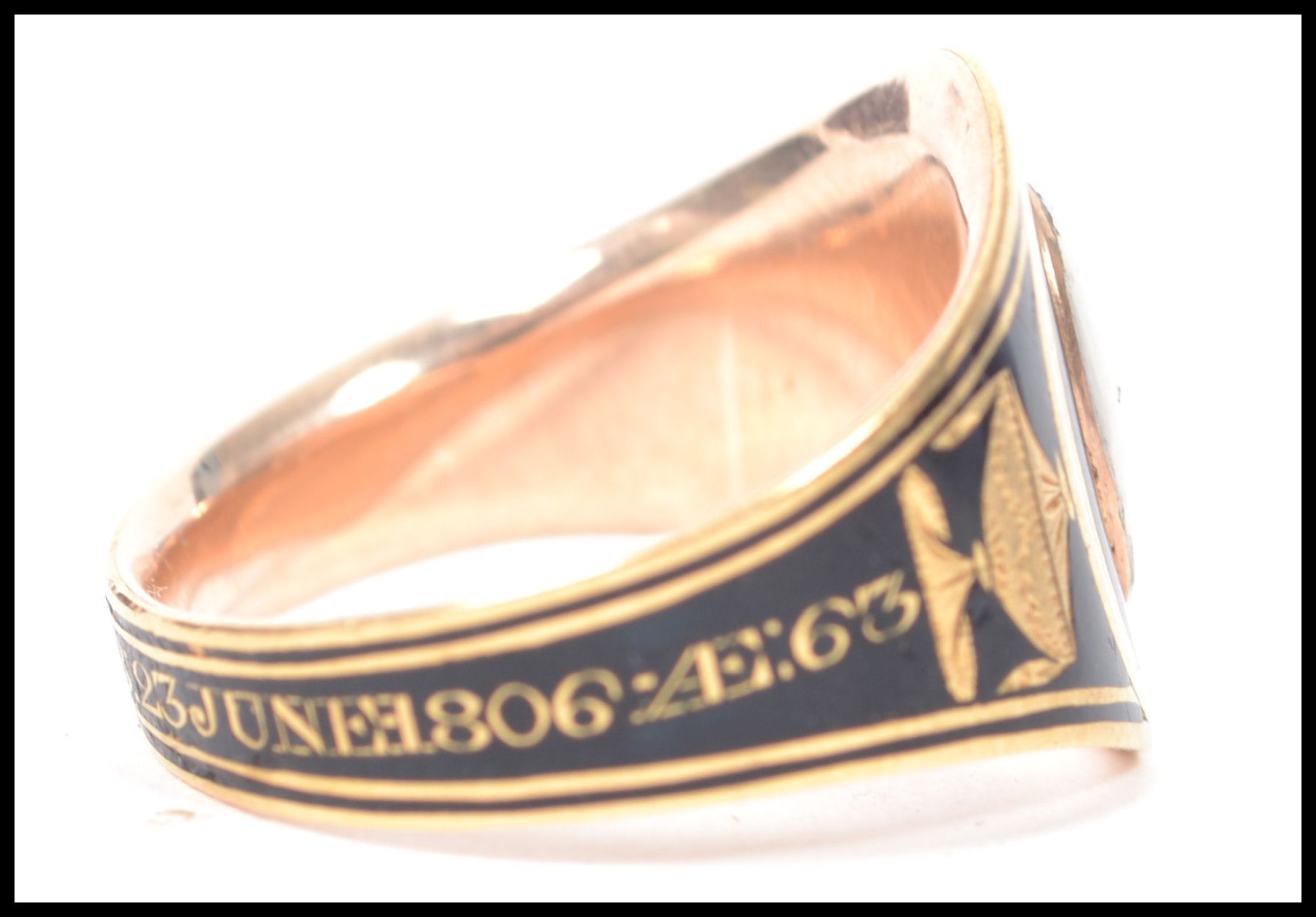 A George III Enamel, gold and hairwork mourning ring, the black enamel with white border lozenge - Image 5 of 6