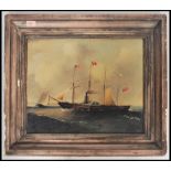 A 19th century style naval steamer ship picture, set on calm seas with a coastal backdrop, with a