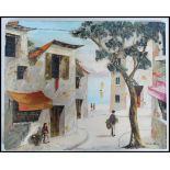 An unframed Doyly John oil on board painting of a classical Mediterranean seaside town view with