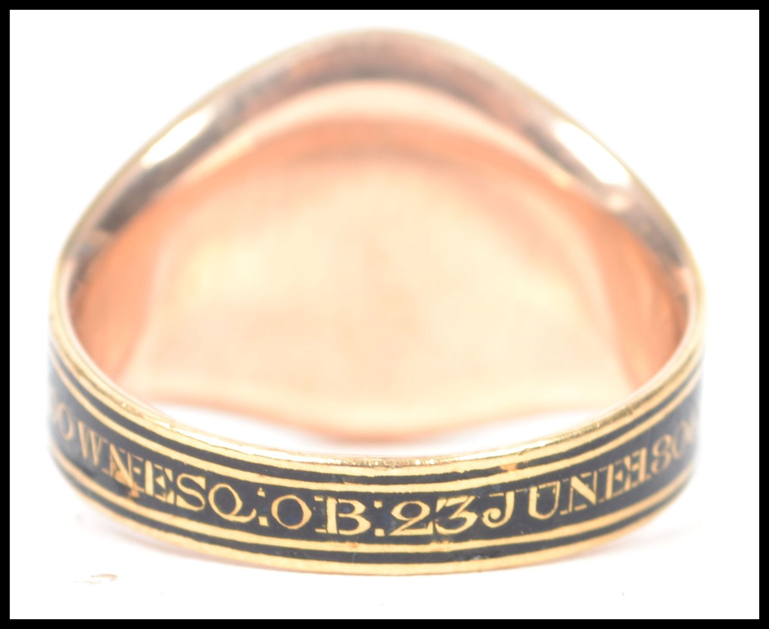 A George III Enamel, gold and hairwork mourning ring, the black enamel with white border lozenge - Image 4 of 6