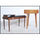 A 1960's retro teak wood telephone hall table with black vinyl upholstered seat together with a
