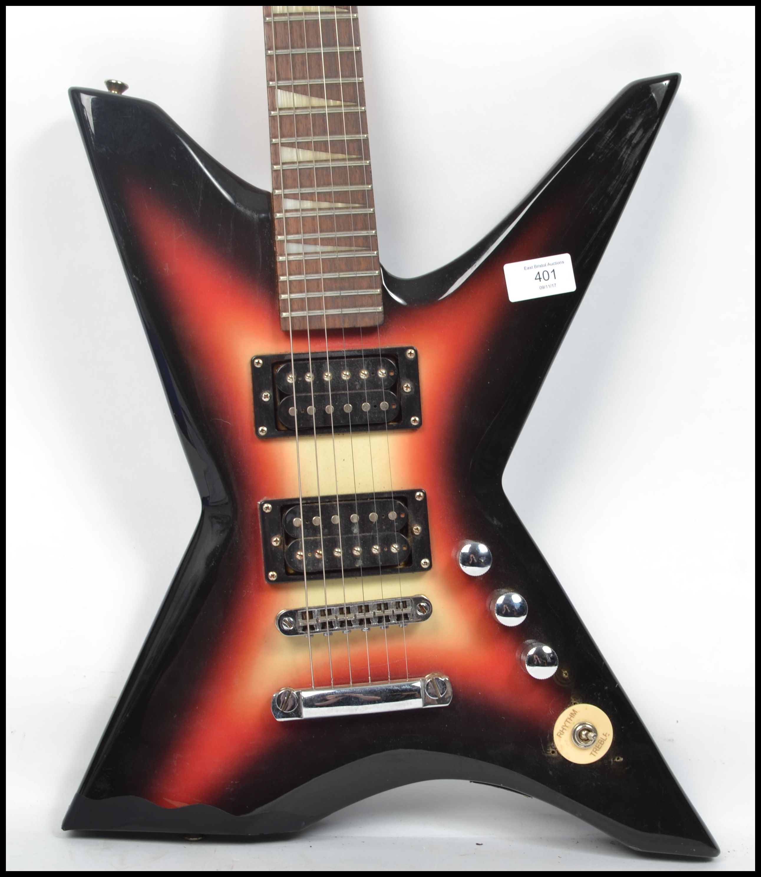 A vintage Jaxville six string electric guitar musical instrument having an X shaped body with burned - Image 2 of 7