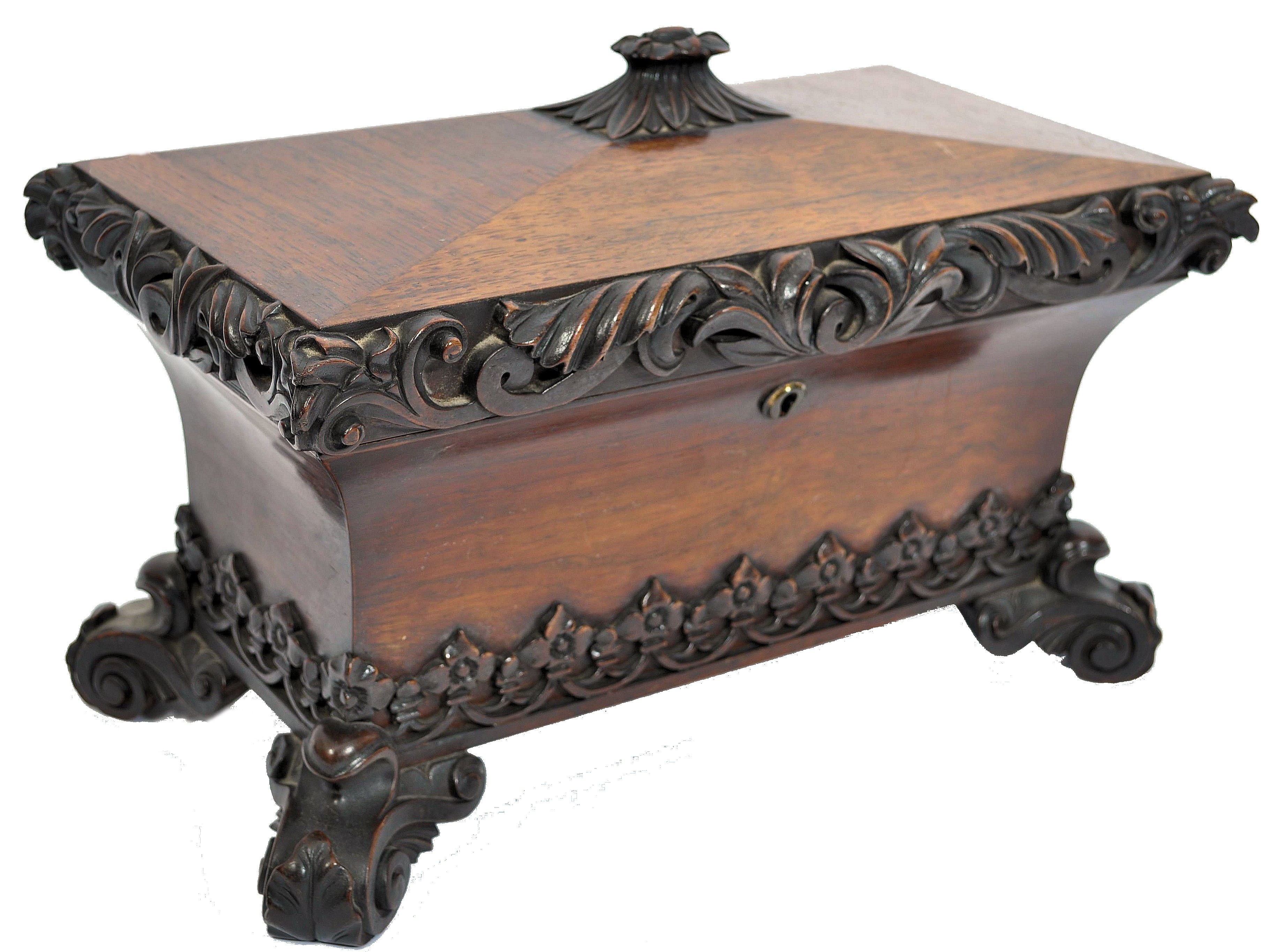 A 19th century rosewood over sized tea caddy of sarcophagus form having a concave body raised on s