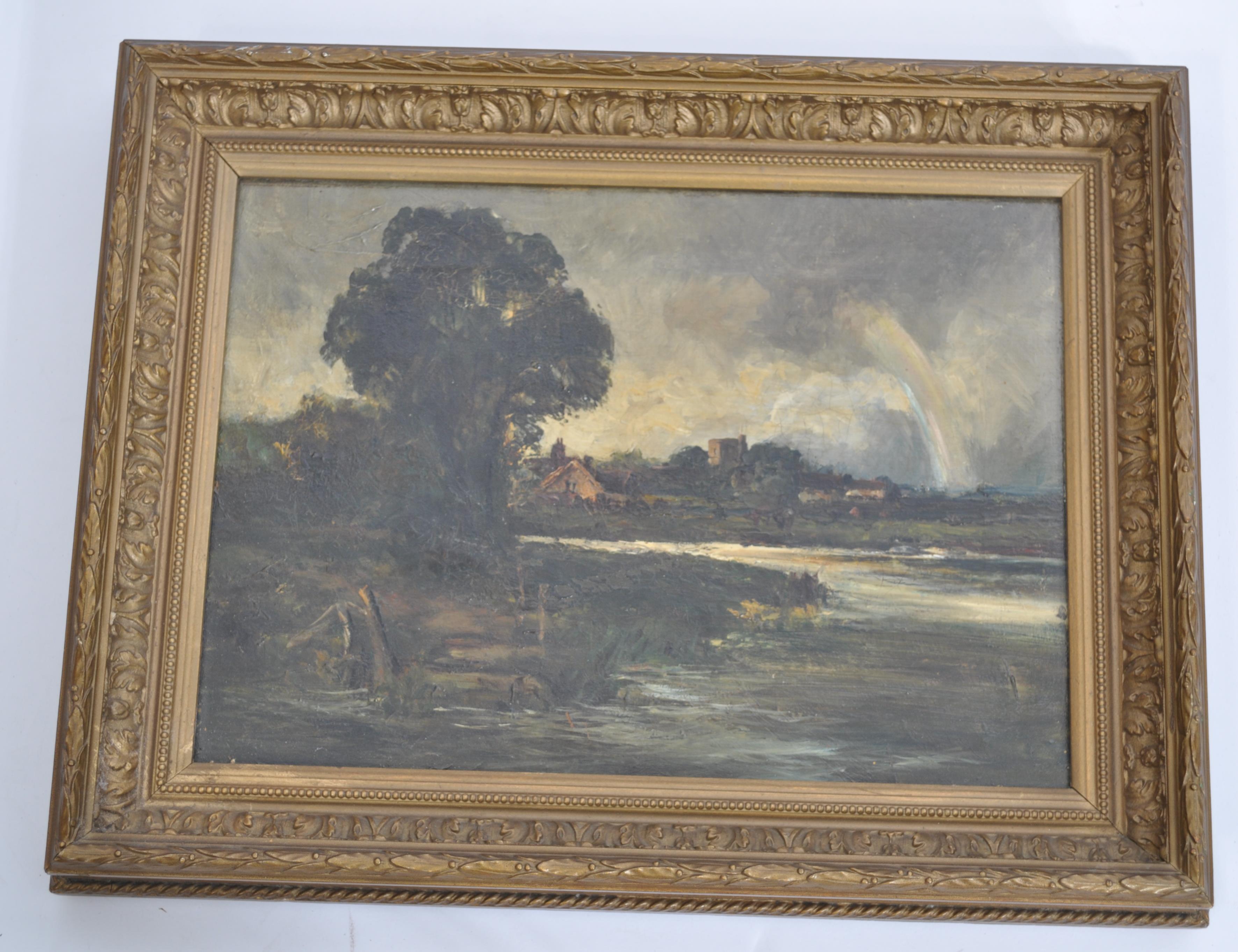 English School 19th century oil painting on canvas of a river landscape with church and village to - Image 5 of 6