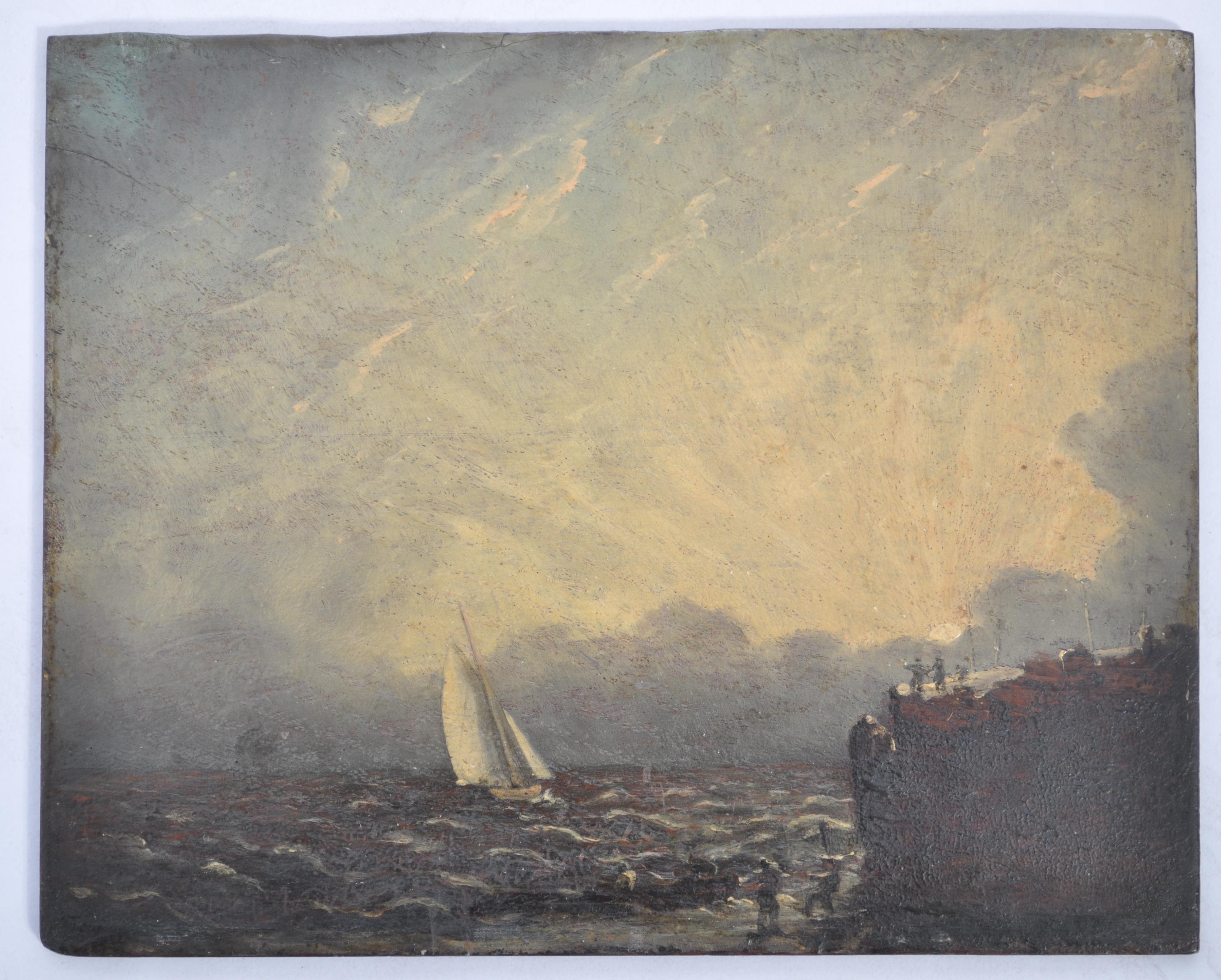 An 18th / 19th century oil on panel seascape painting, possibly Cornish. The panel painting with - Image 2 of 4