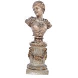 A 19th century plaster painted  bust study of a classical roman woman of stature set over a wooden