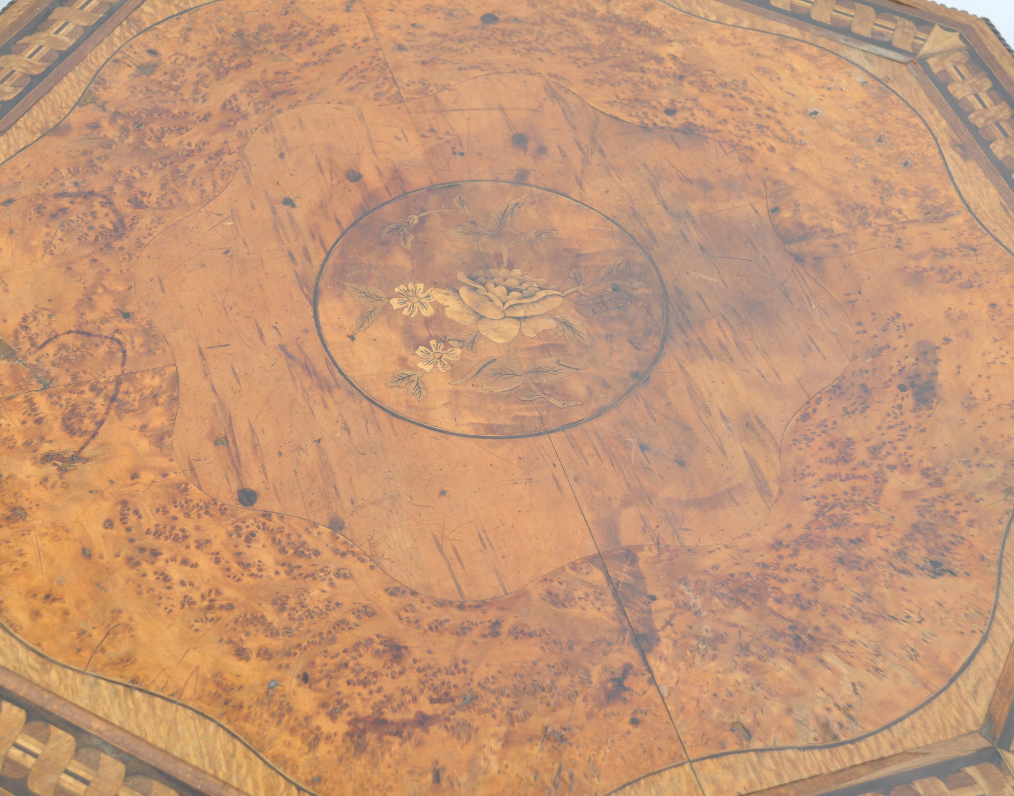 A Victorian 19th century Amboyna wood and oak specimen veneer inlaid centre table of octagonal - Image 2 of 6