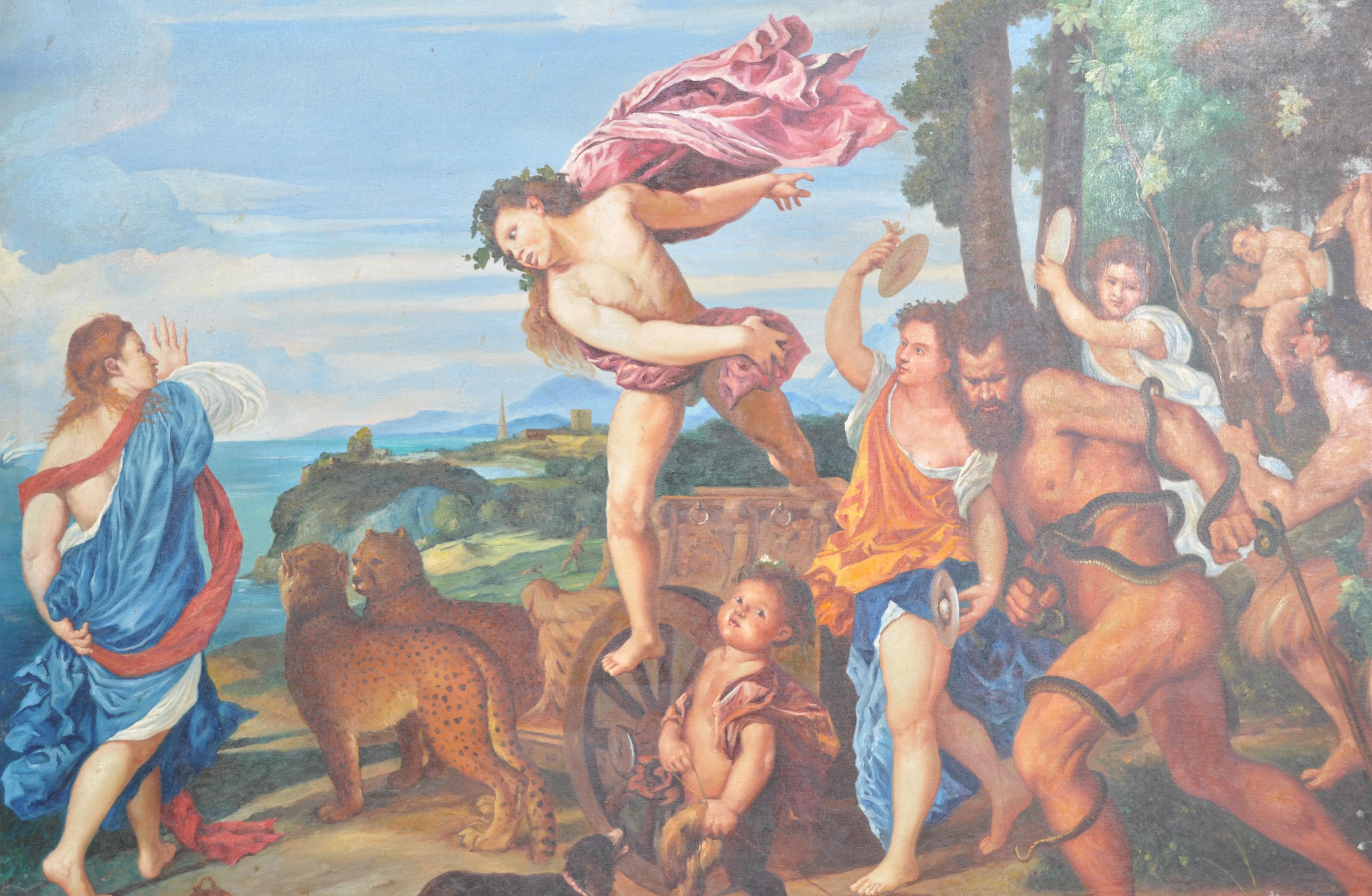 After Tiziano Vecellio, called Titian, a large oil on canvas painting of Bacchus and Ariadne