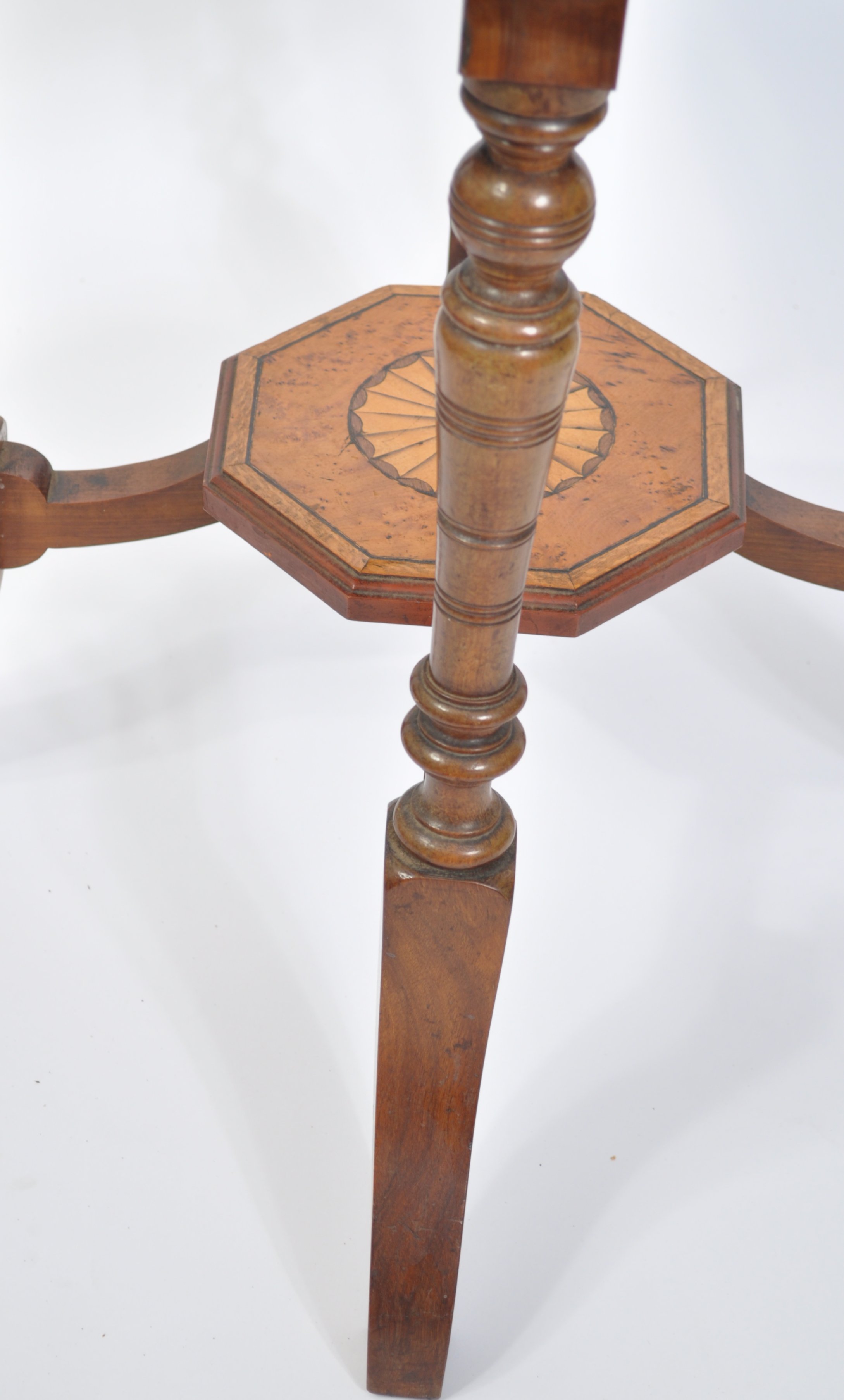 A Victorian 19th century Amboyna wood and oak specimen veneer inlaid centre table of octagonal - Image 5 of 6