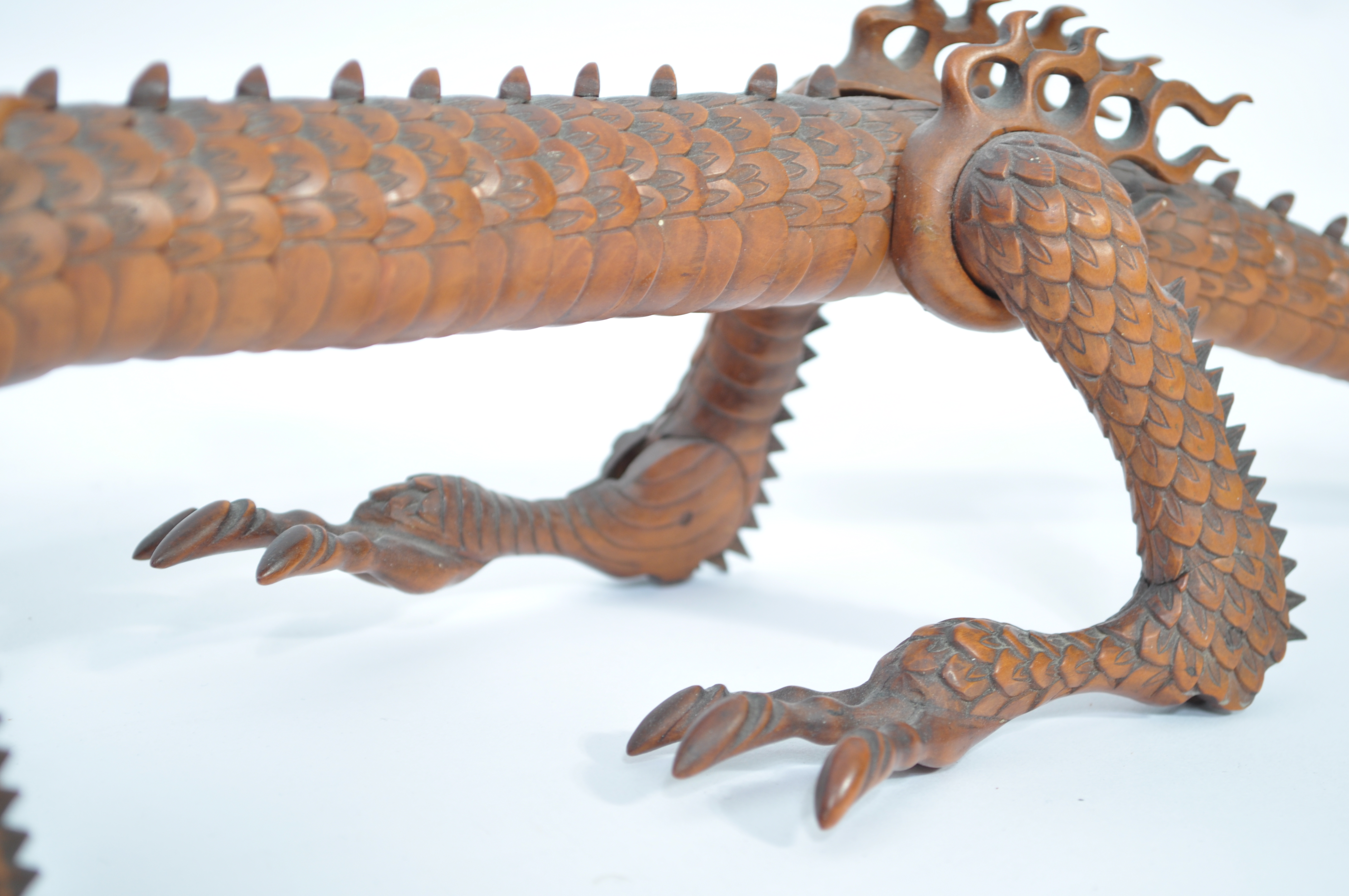 A Japanese carved and articulated wooden dragon Meiji period (1868-1912), probably boxwood, the body - Image 8 of 15