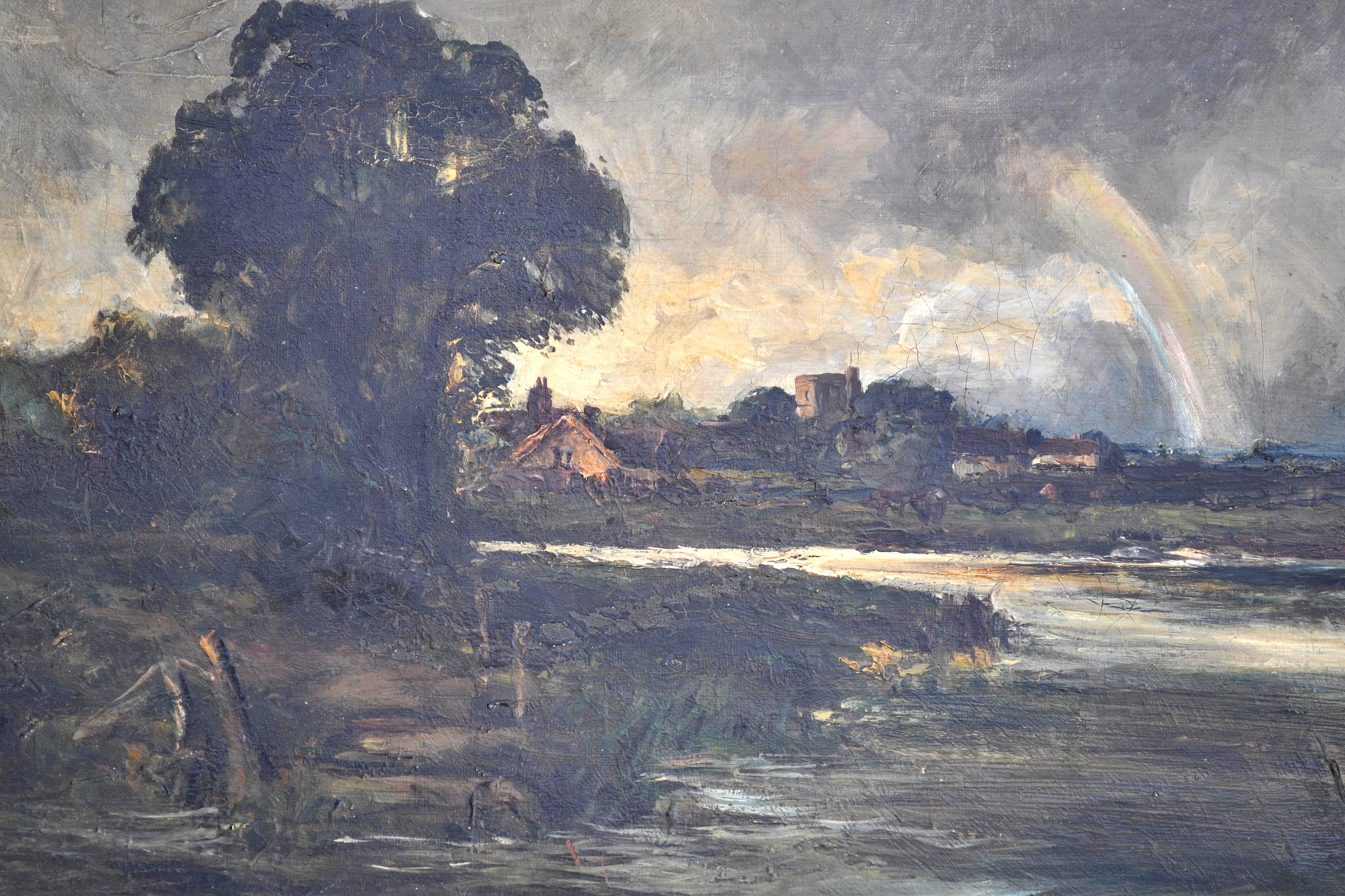 English School 19th century oil painting on canvas of a river landscape with church and village to