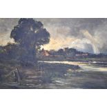 English School 19th century oil painting on canvas of a river landscape with church and village to
