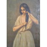 A 19th century oil on canvas portrait study of a young European Romany / Gypsy girl combing long