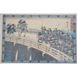 A late 19th century Japanese wood block print of a Edo period warrior scene after Utagawa