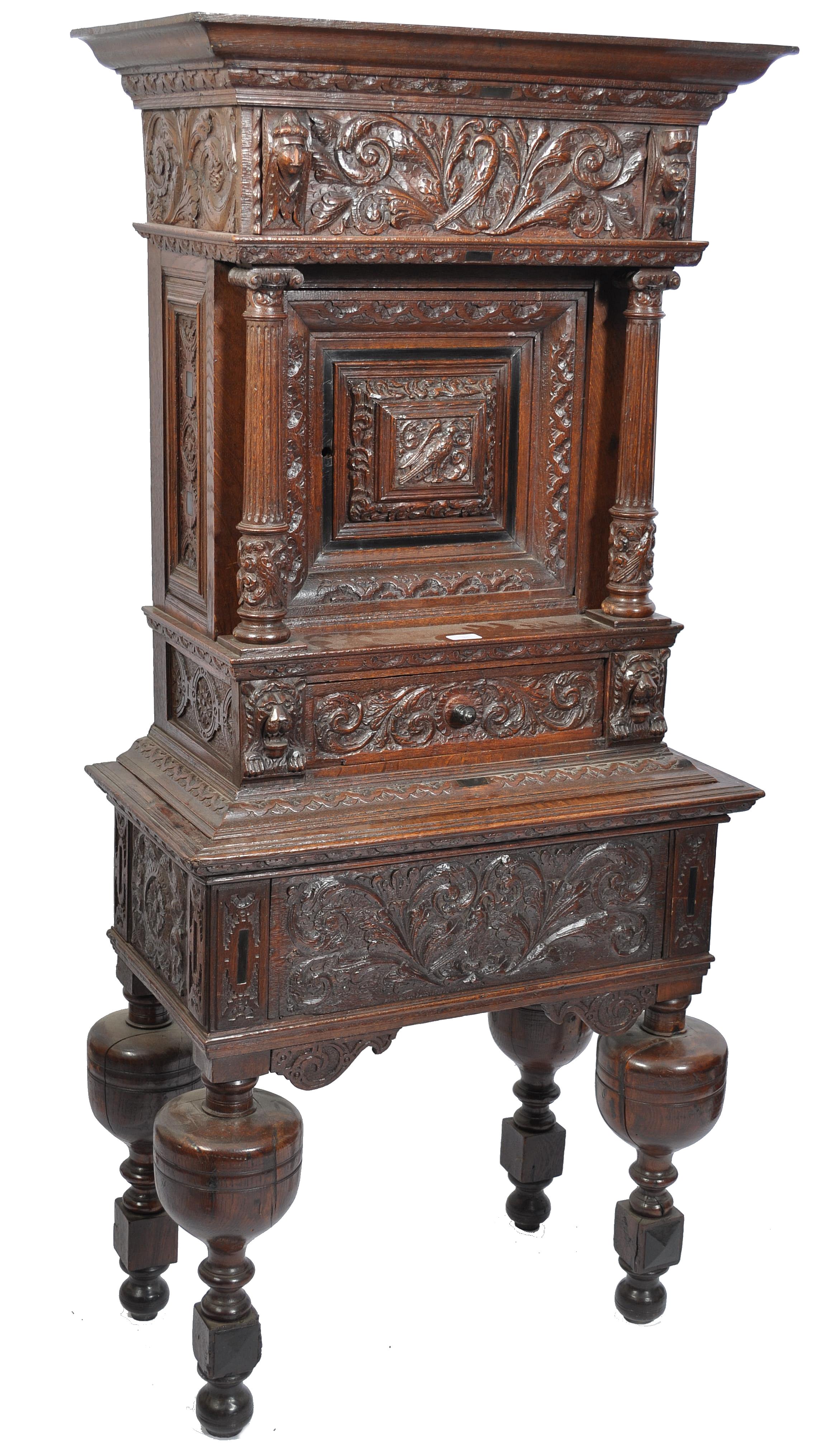 A late 17th / 18th century dutch / Flemish church vestry cabinet on stand. The solid oak carved