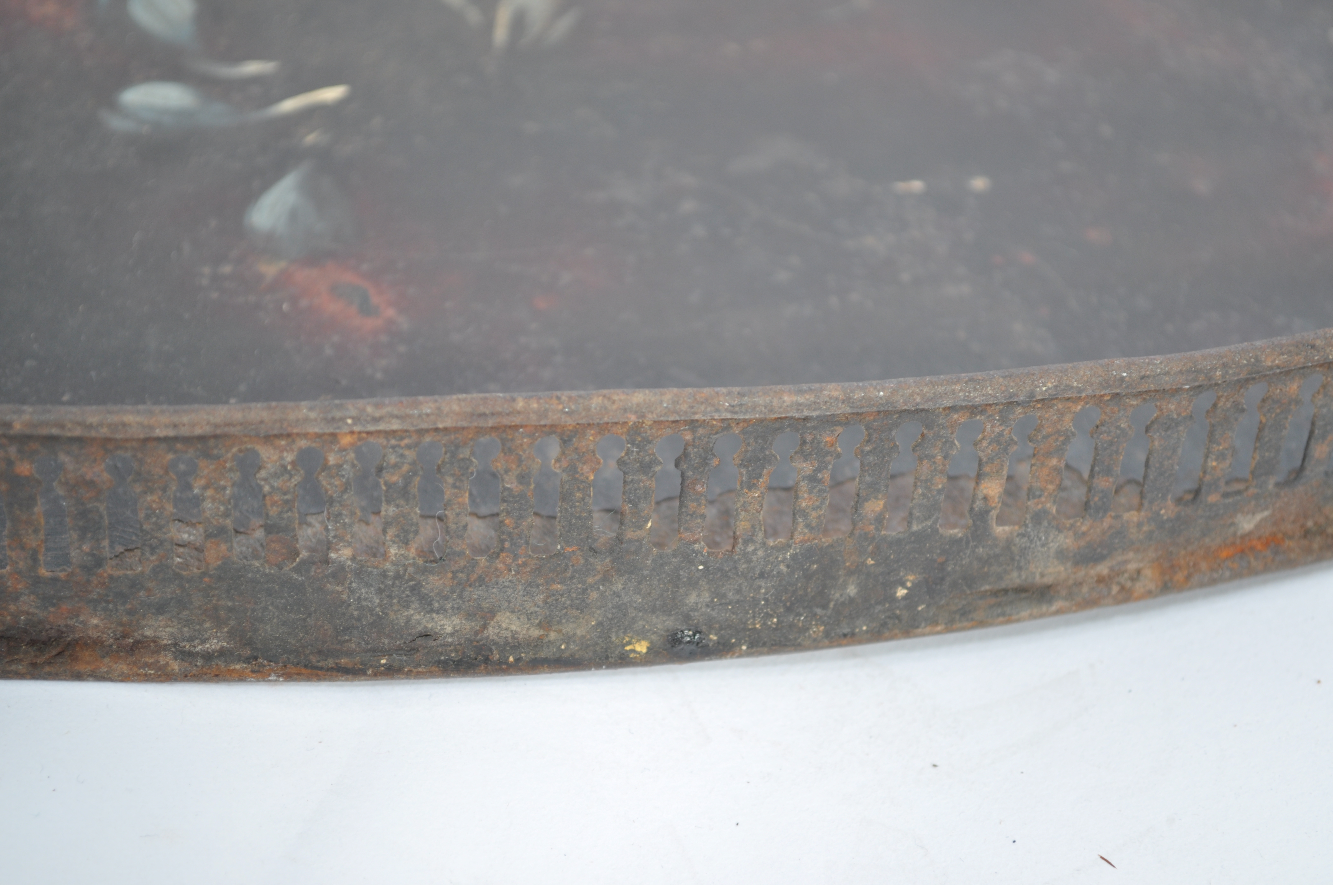 A late 18th century Georgian Pontypool Japanned tray of oval form having a black ground with painted - Image 3 of 6