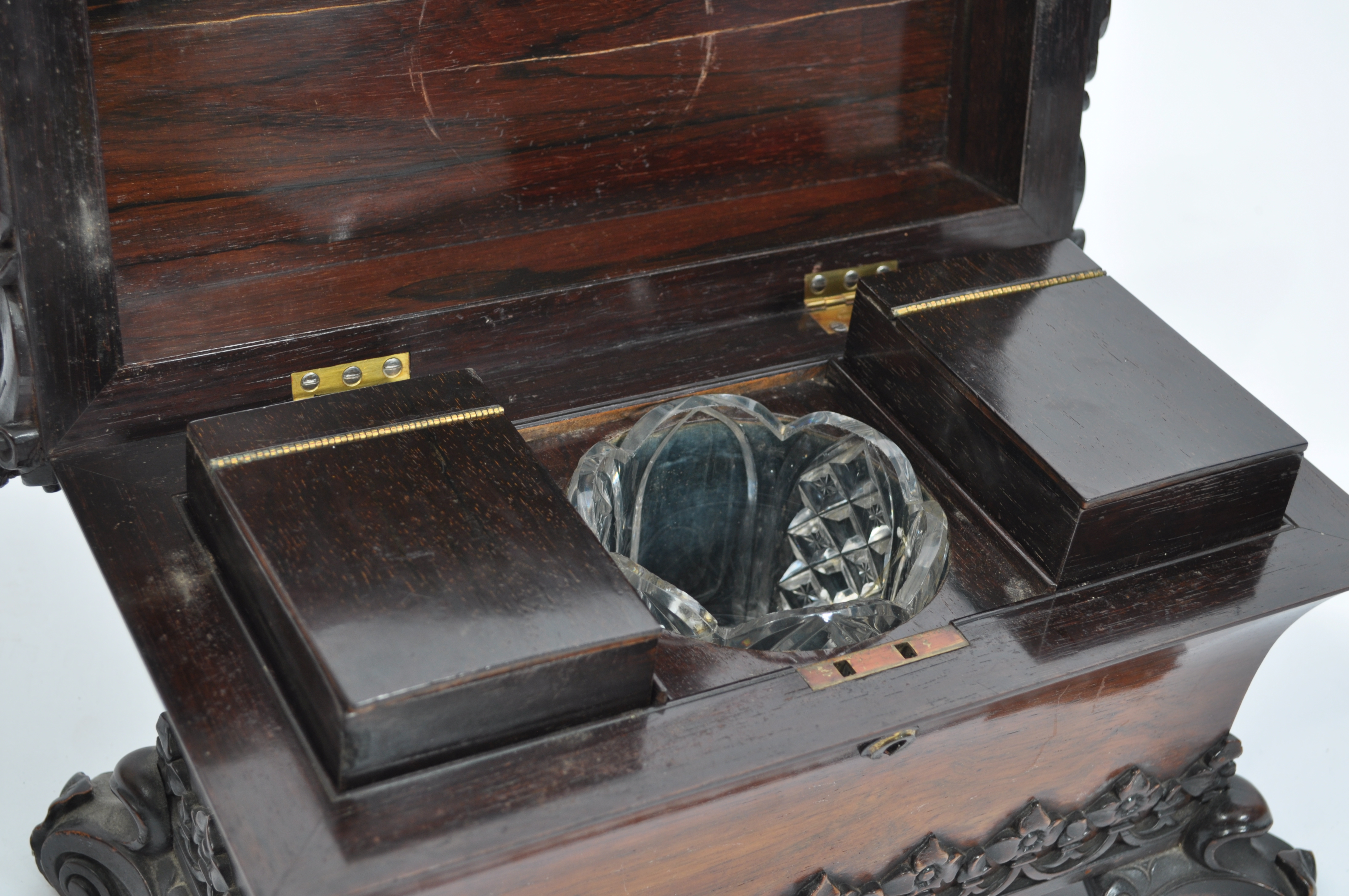 A 19th century rosewood over sized tea caddy of sarcophagus form having a concave body raised on s - Image 5 of 9