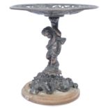 A 19th century bronze tazza centrepiece having an acanthus leaf base on wooden plinth with