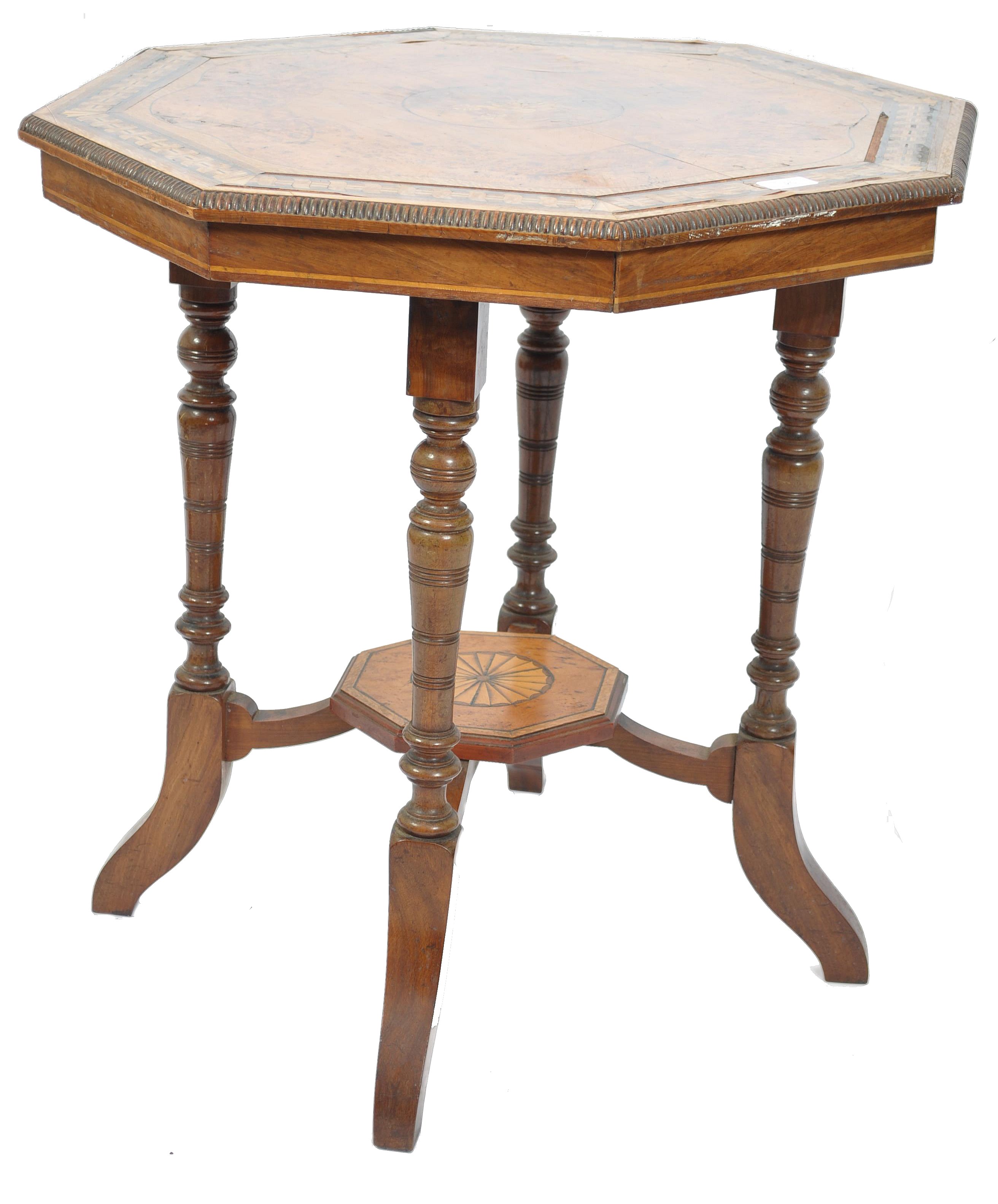 A Victorian 19th century Amboyna wood and oak specimen veneer inlaid centre table of octagonal