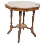 A Victorian 19th century Amboyna wood and oak specimen veneer inlaid centre table of octagonal
