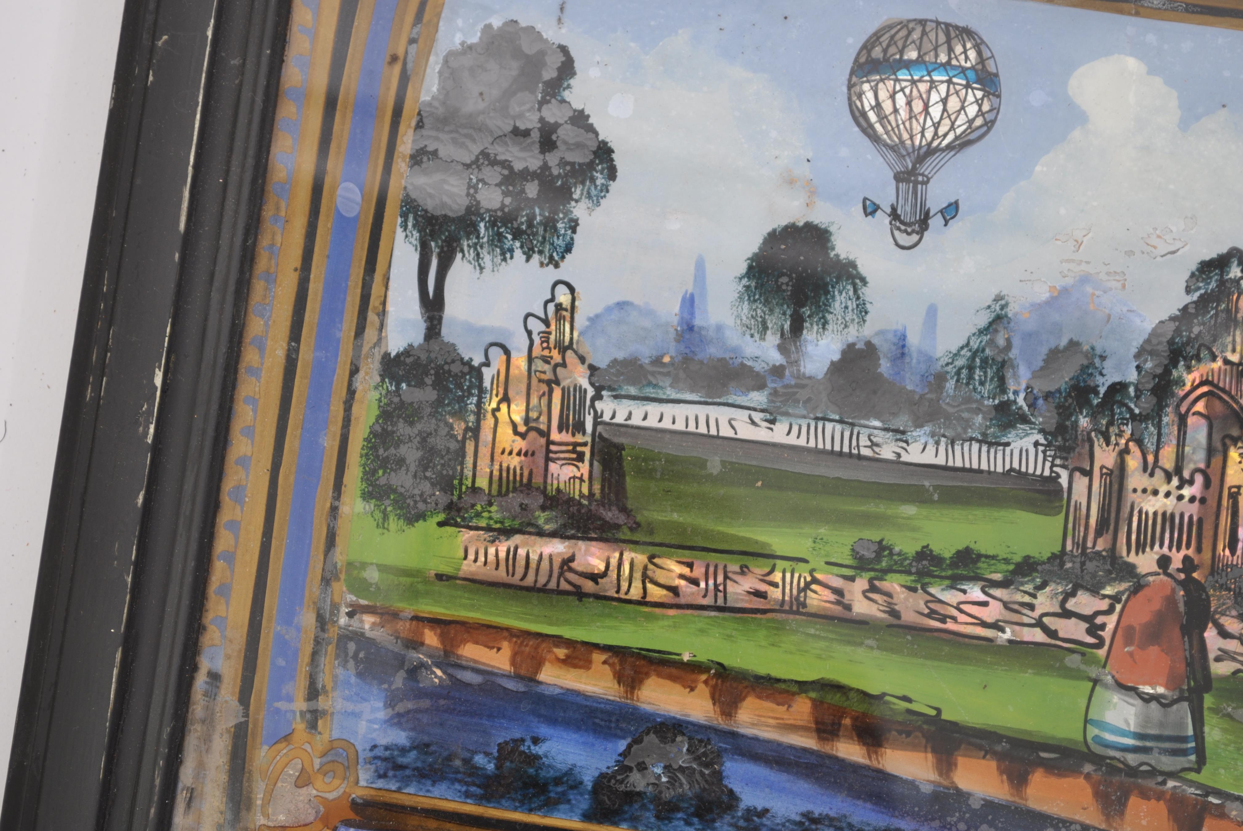 A 19th century Crystoleum painting / reverse on glass depicting a scene of a hot air balloon over - Image 5 of 5