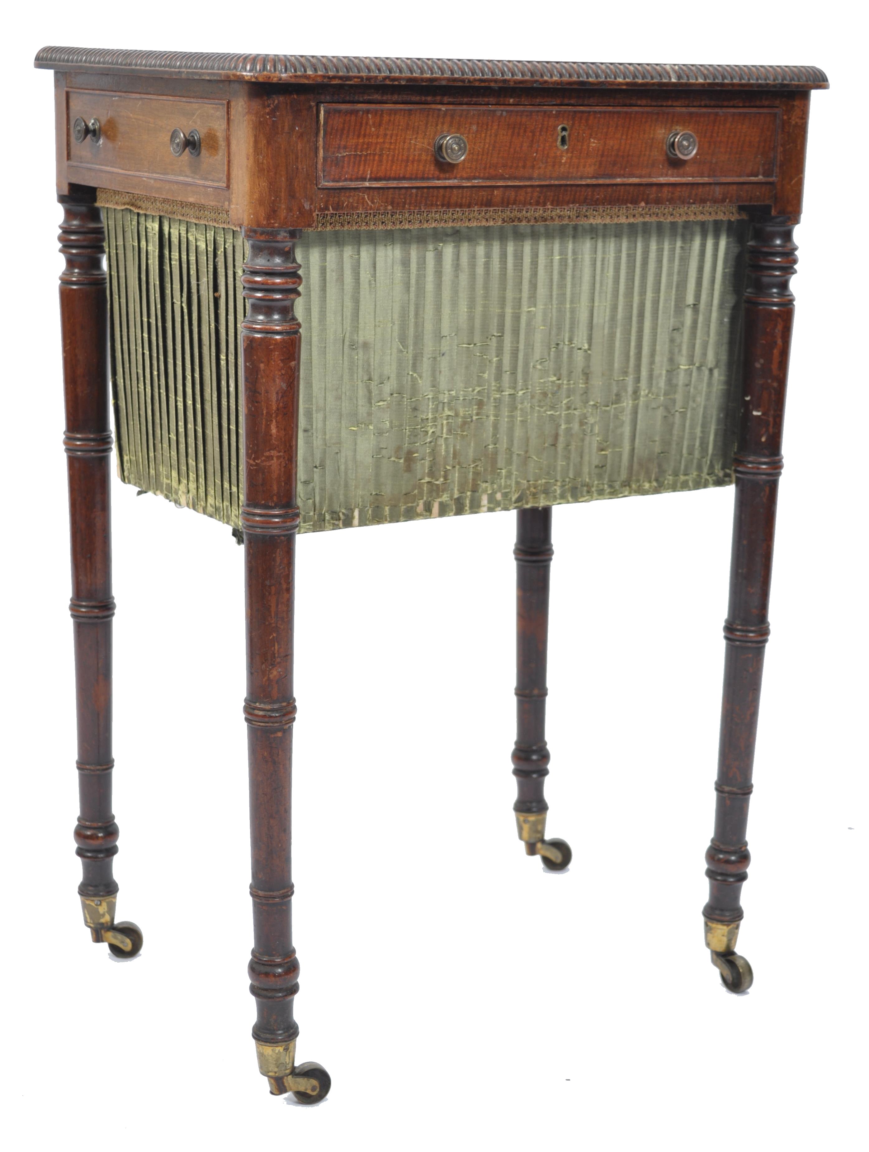 A late 18th century Georgian mahogany work box table in the manner of Gillows raised on ring  turned