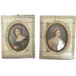 A pair of 19th Victorian  portrait miniatures in bone - ivory frames. Each with sitter portrait