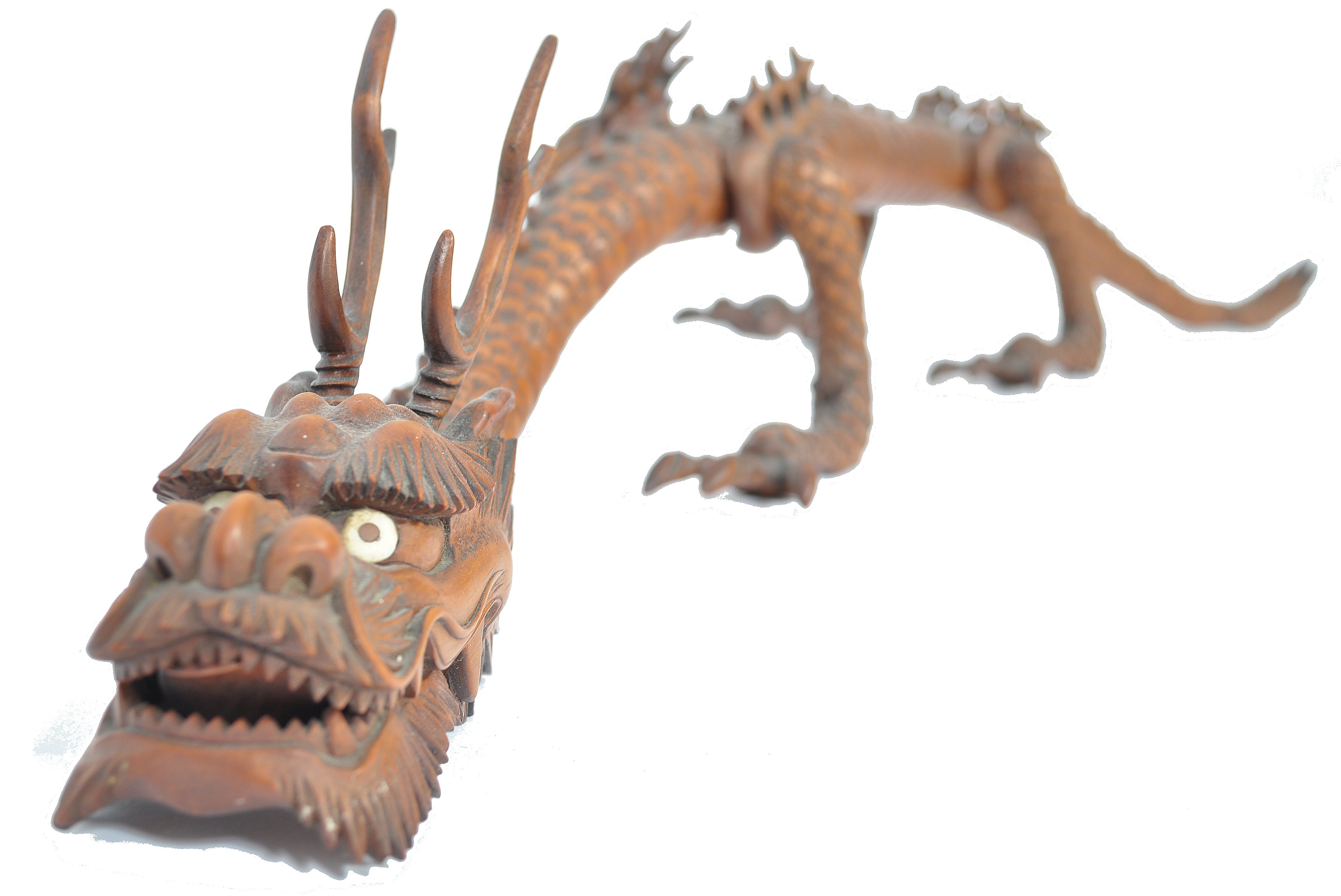 A Japanese carved and articulated wooden dragon Meiji period (1868-1912), probably boxwood, the body - Image 4 of 15