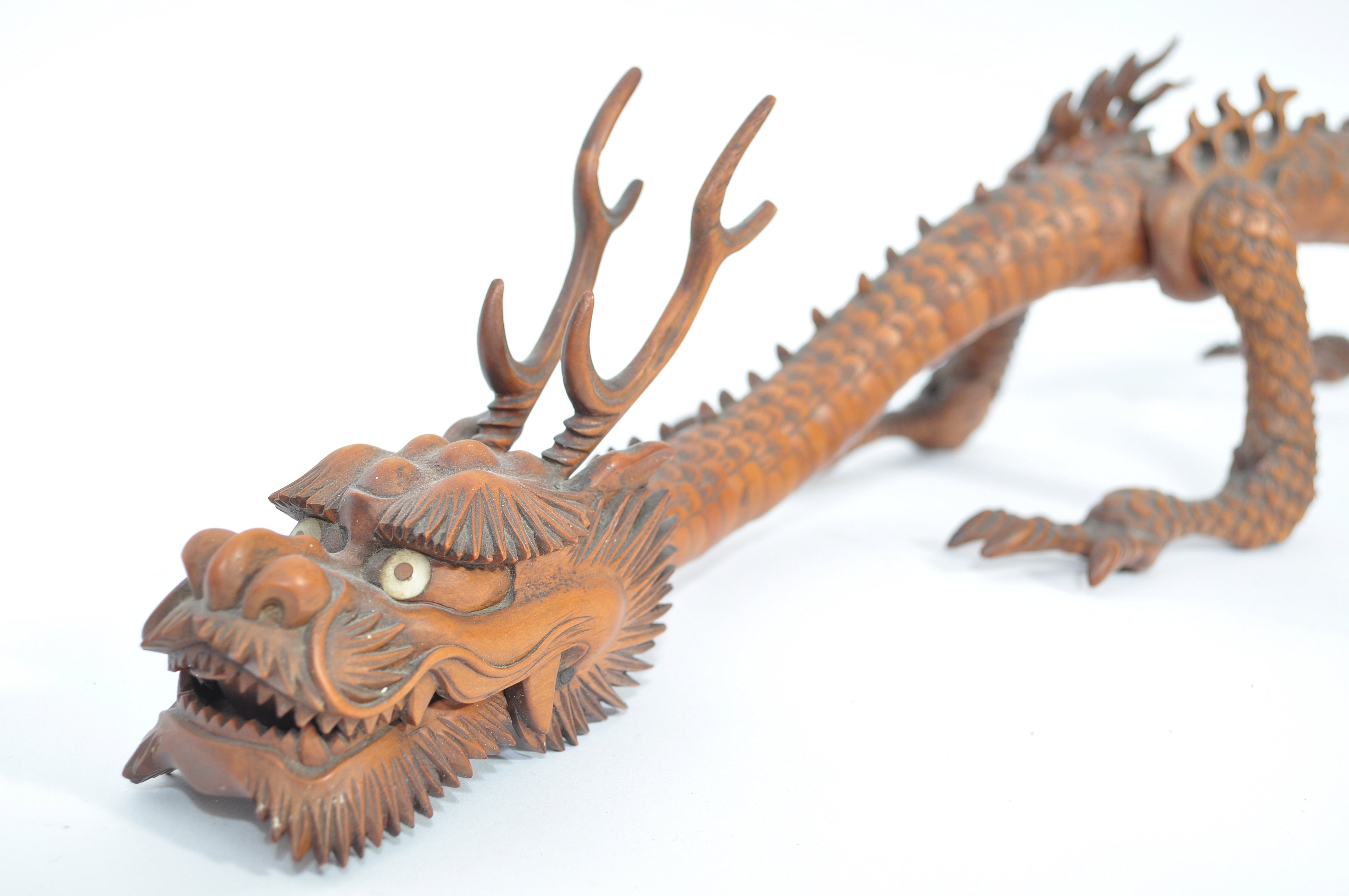 A Japanese carved and articulated wooden dragon Meiji period (1868-1912), probably boxwood, the body - Image 15 of 15