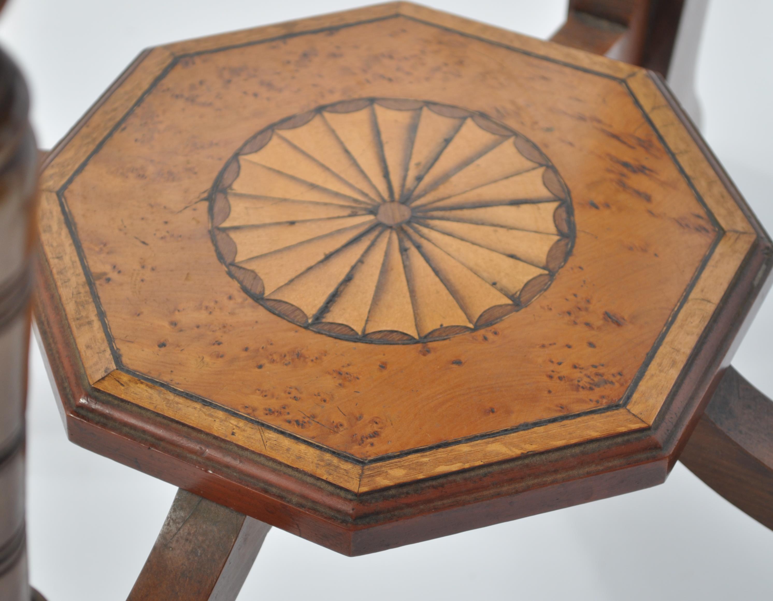 A Victorian 19th century Amboyna wood and oak specimen veneer inlaid centre table of octagonal - Image 4 of 6