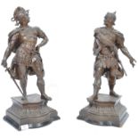 A large pair of spelter bronze patternated metal figures of French soldiers raised on a break