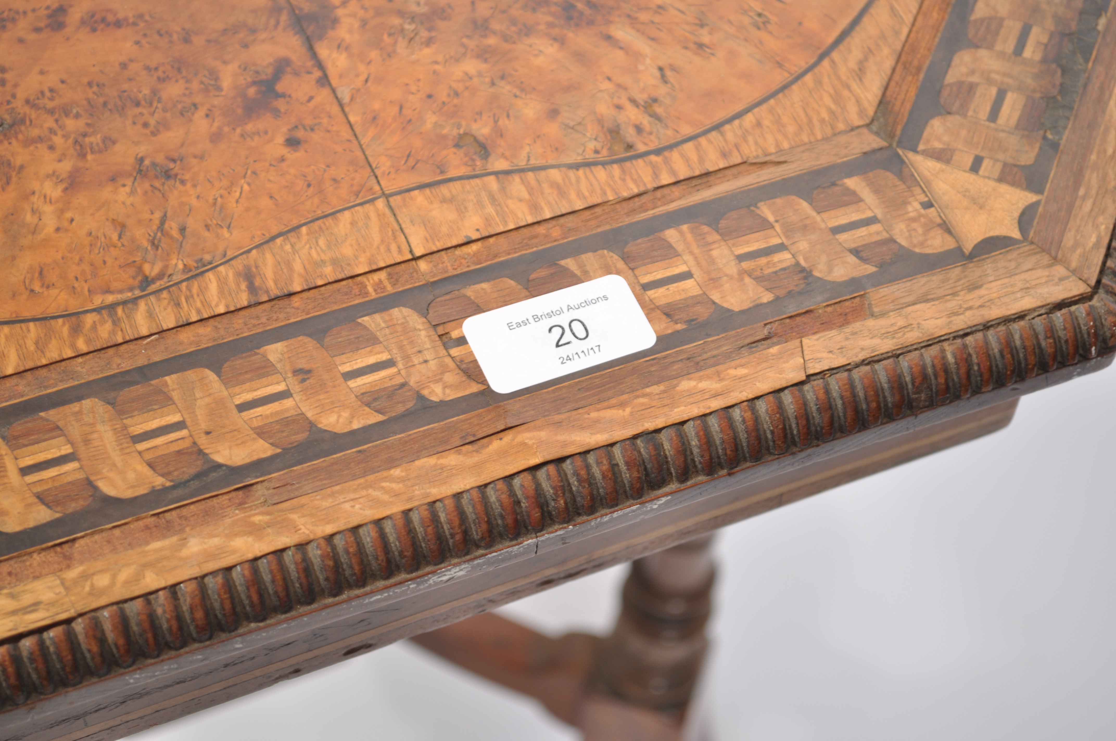 A Victorian 19th century Amboyna wood and oak specimen veneer inlaid centre table of octagonal - Image 6 of 6