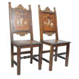 A pair of 19th century Italian bone and marquetry inlaid walnut hall /  side chairs. The chairs