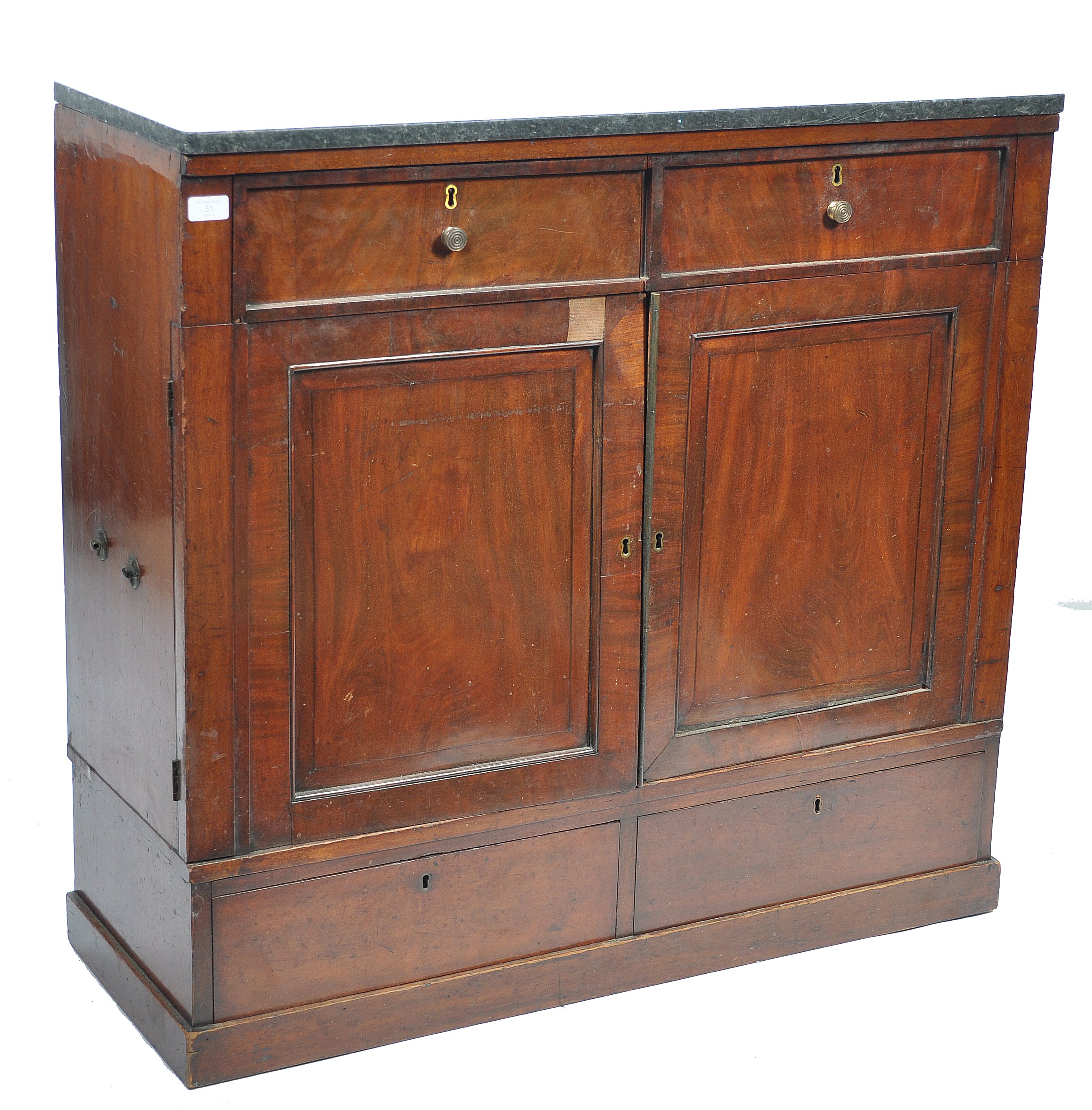 A 19th century Regency mahogany and marble top collectors / specimen cabinet. Raised on a plinth