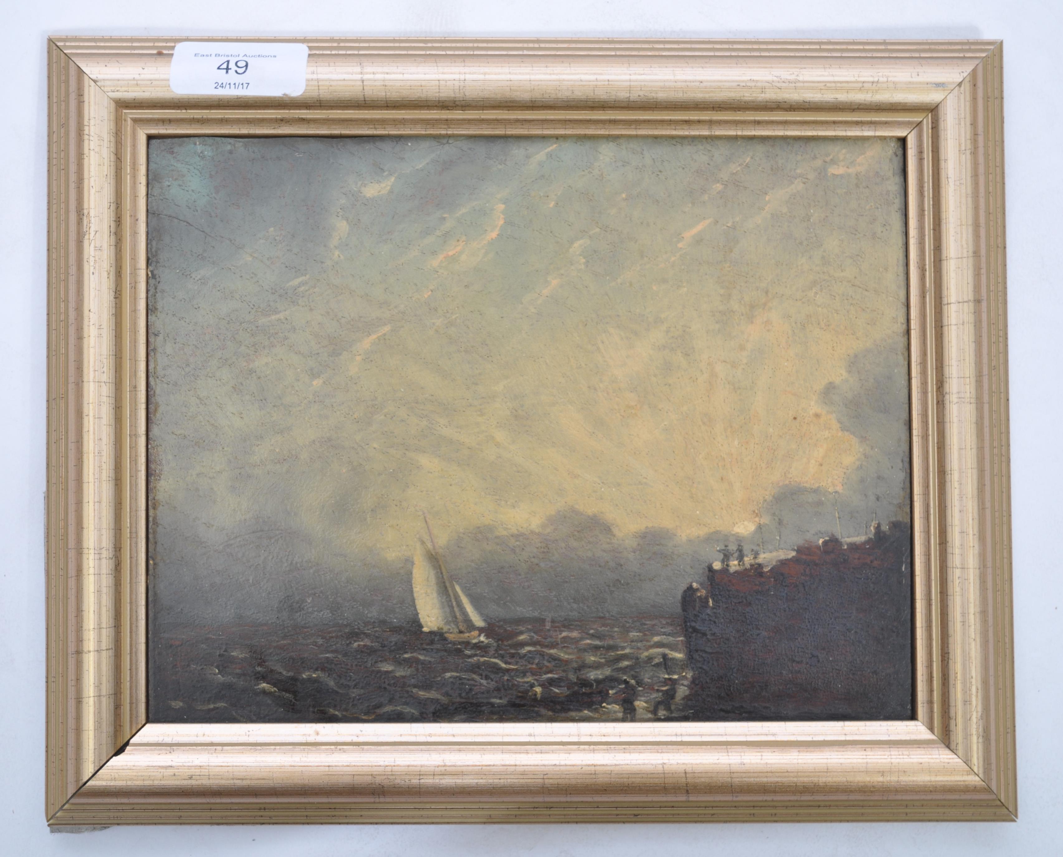 An 18th / 19th century oil on panel seascape painting, possibly Cornish. The panel painting with - Image 4 of 4