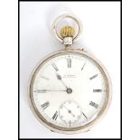 A silver hallmarked gents open faced crown wind lever pocket watch, the enamel face with Roman