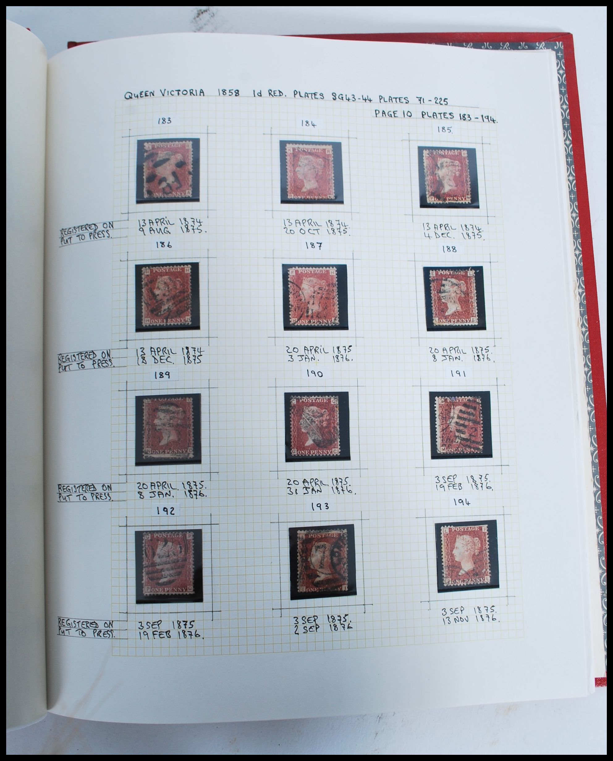 Postal History - Penny Red Stamps, a Stanley Gibbons SG 43/44 stamp album containing approx 132