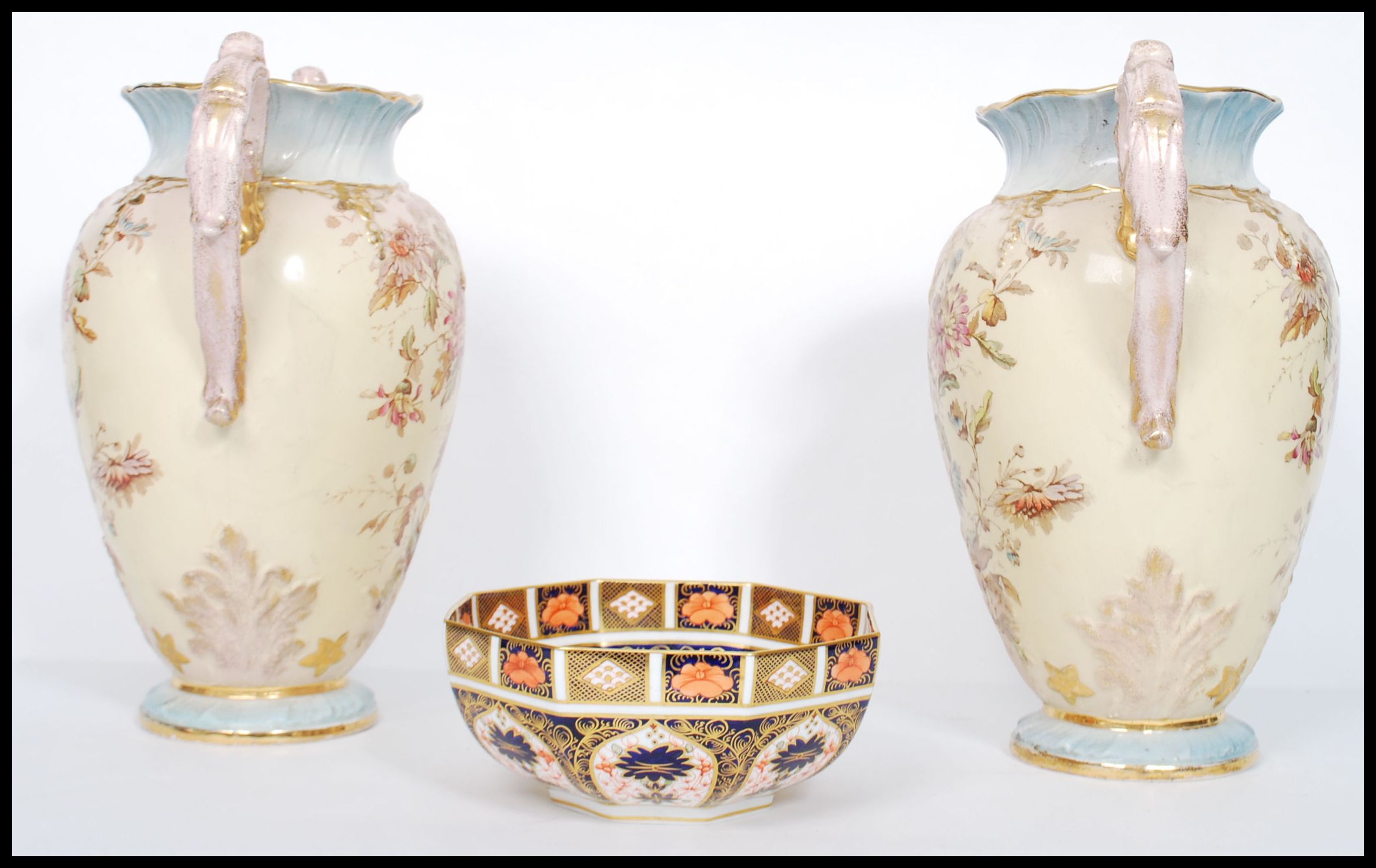 A large pair of Victorian Stafforshire twin handles vases having ivory blush grounds with floral - Image 2 of 7