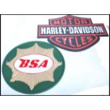 Two vintage style cast metal point of sale advertising garage wall plaques for Harley Davidson