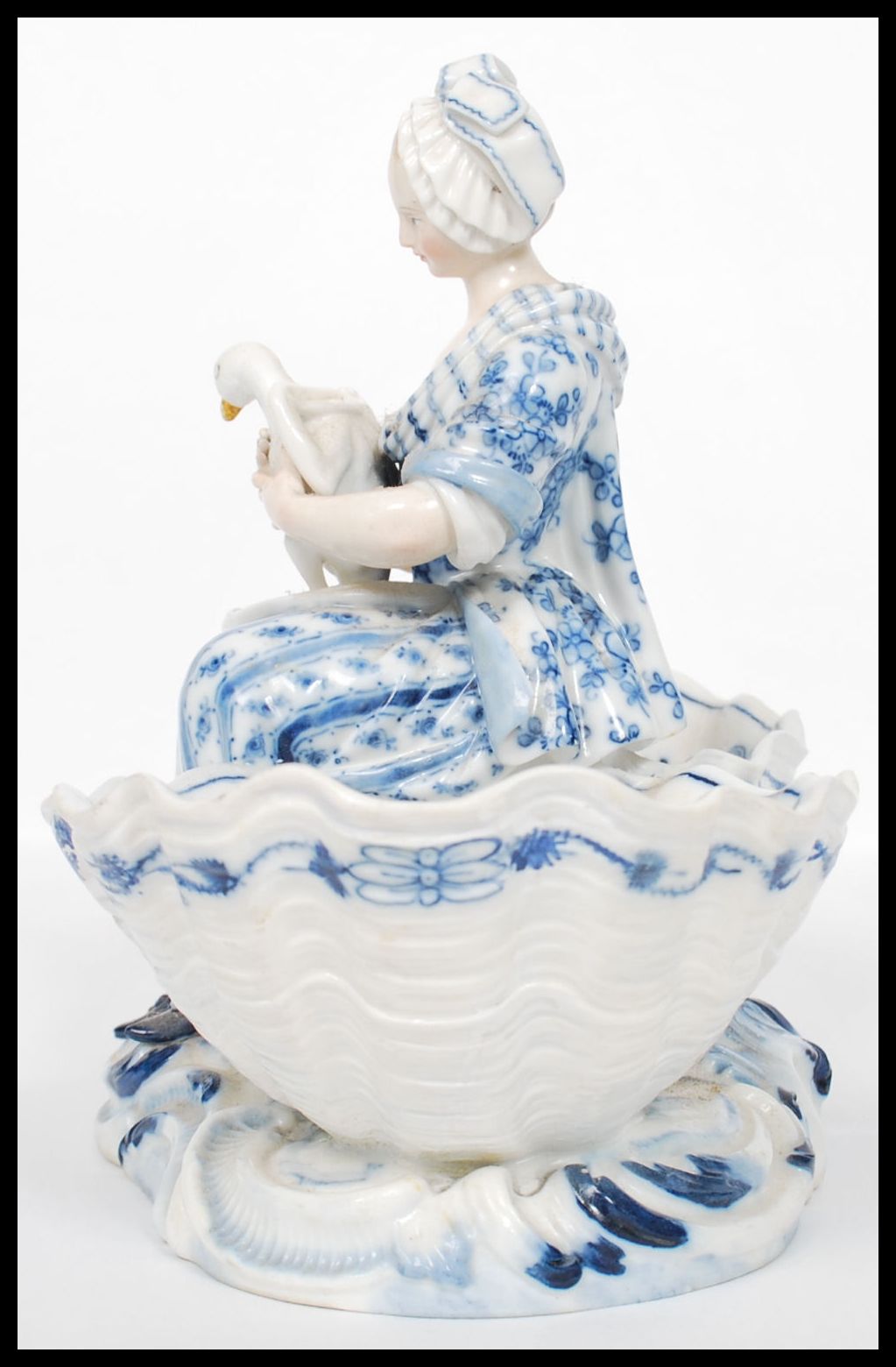 A 19th century Meissen figural table salt modelled as a young girl holding a goose seated between - Image 2 of 6