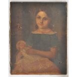A 19th century oil on canvas painting of a young girl holding a doll. Unsigned.
