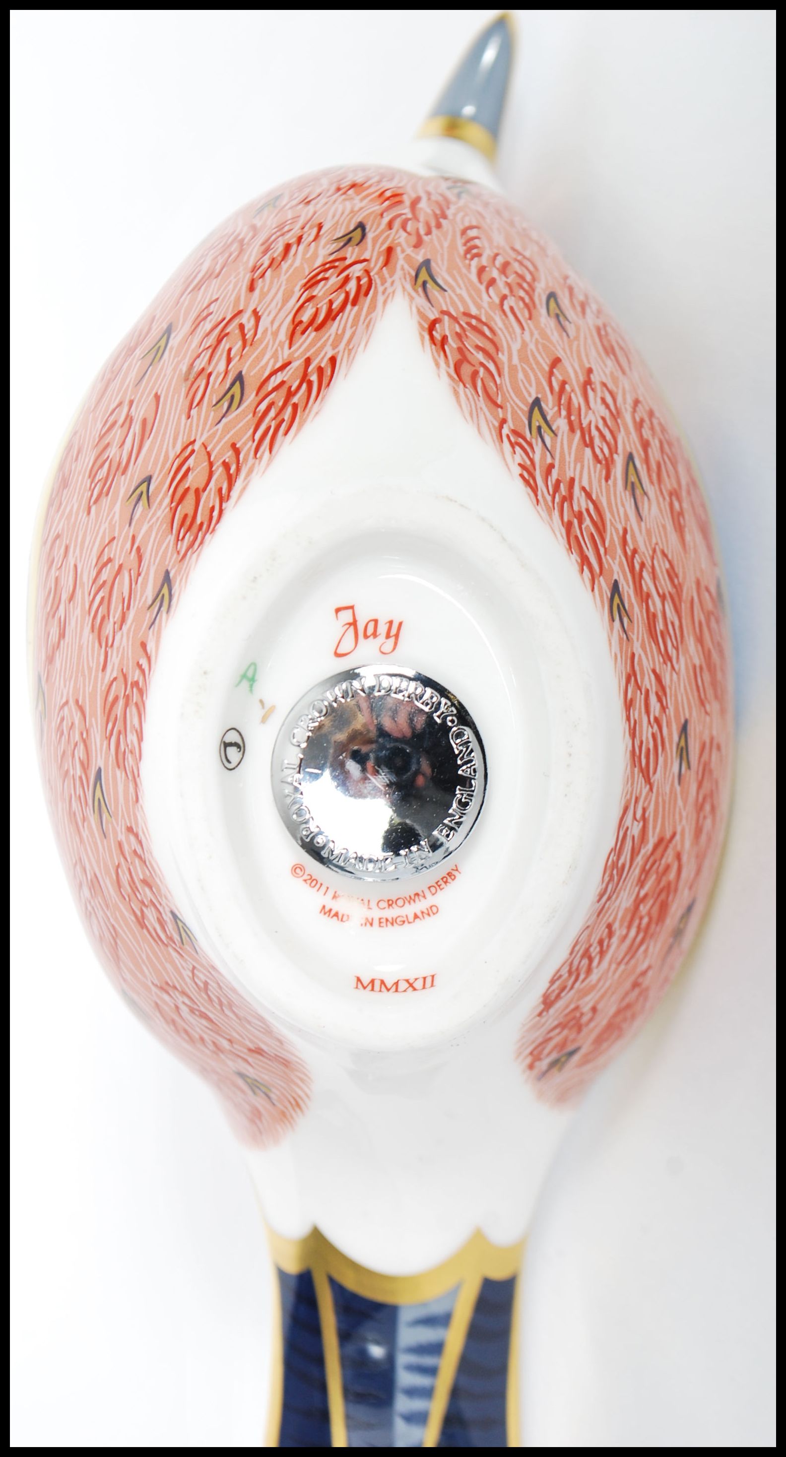 A Royal Crown Derby Jay paperweight, with red stamp to underside, dated 2012 and silver stopper, - Image 6 of 6