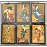 A set of six lacquered Chinese panels each decorated with a different Geisha girl in a variety of